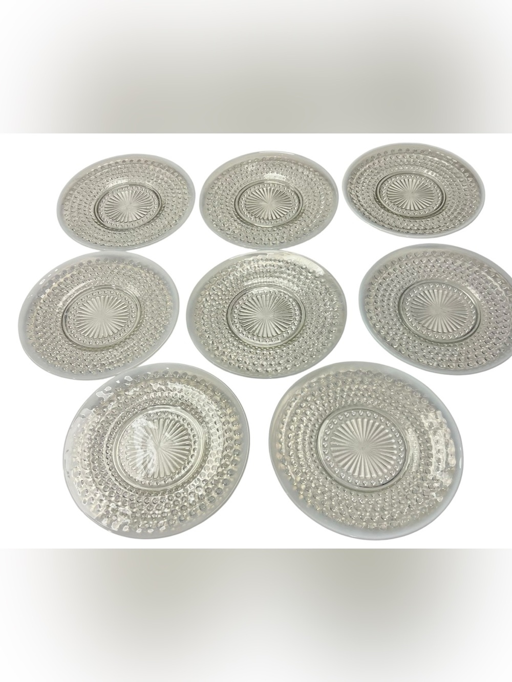 Anchor Hocking Moonstone Hobnail Opalescent Plates Set of 8 Vintage 8.5”